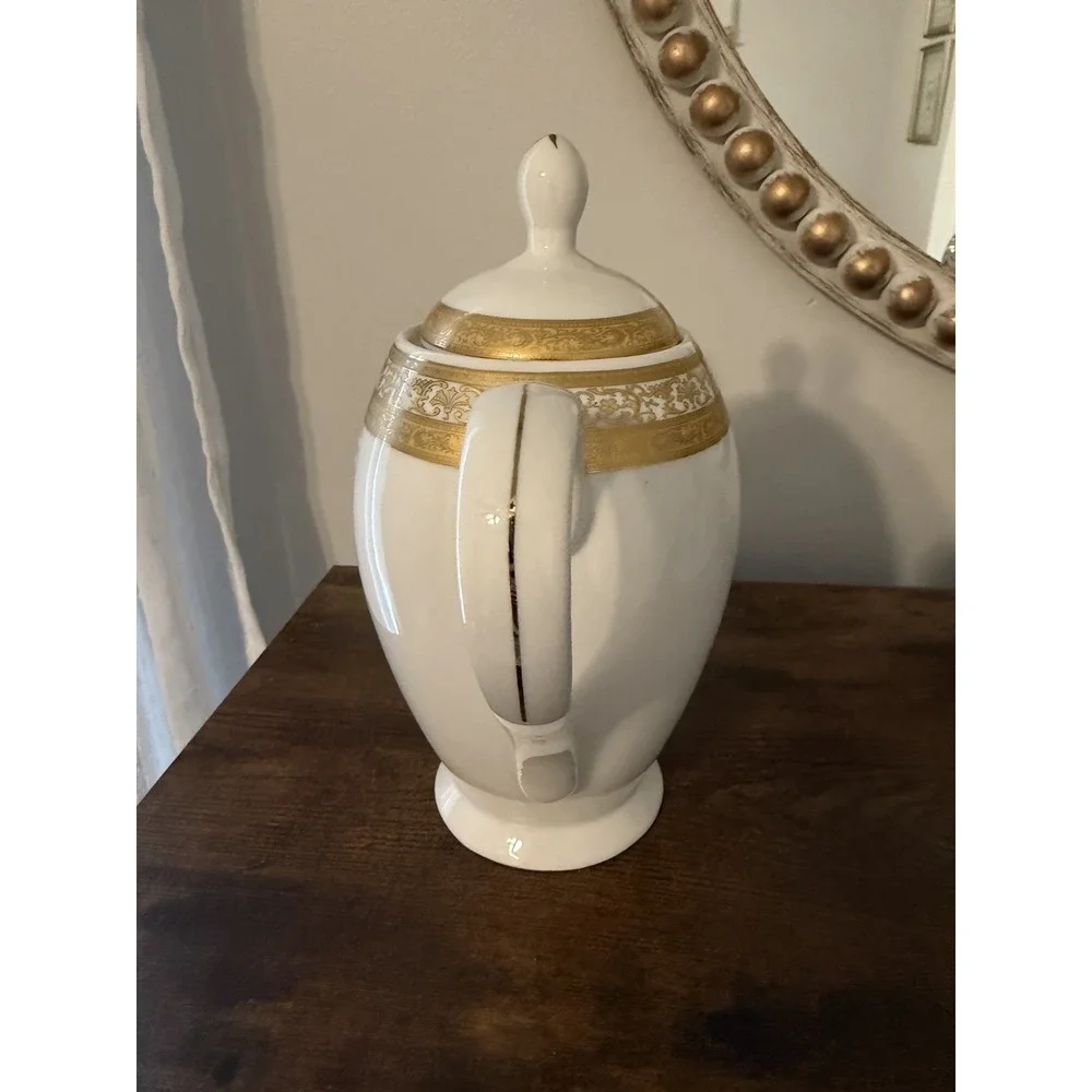 Vintage GNA Fine Porcelain Coffee Pot White Gold Encrusted Trim 8.75